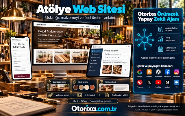 Atölye Web Sitesi — özel tasarım ve içerik akışı Ahşap atölyesi ve özel üretim sitesi, üretim hikâyesi editörü, malzeme ve ölçü seçilen mobil teklif formu.