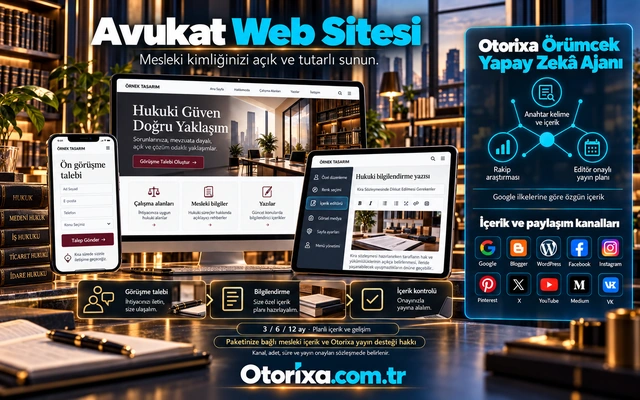 Hukuk bürosu sitesi, mobil ön görüşme formu ve hukuki bilgilendirme editörünün Otorixa ajan ve yayın planıyla sunumu.
