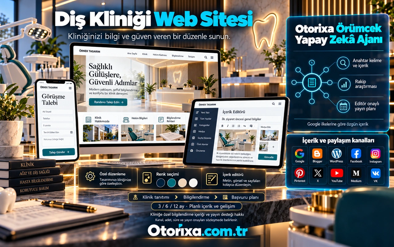 Diş Kliniği Web Sitesi — özel tasarım ve içerik akışı Diş kliniği tanıtımı, ilk ziyaret bilgilendirmesi editörü ve mobil görüşme talebinin renk seçenekleriyle sunumu.