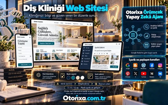Diş Kliniği Web Sitesi — özel tasarım ve içerik akışı Diş kliniği tanıtımı, ilk ziyaret bilgilendirmesi editörü ve mobil görüşme talebinin renk seçenekleriyle sunumu.