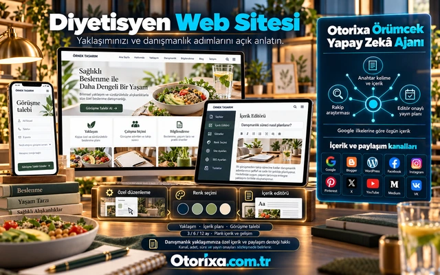 Diyetisyen Web Sitesi — özel tasarım ve içerik akışı Beslenme danışmanlığı sitesi, görüşme talebi, program süreci yazı editörü ve yeşil tonlu renk paleti.