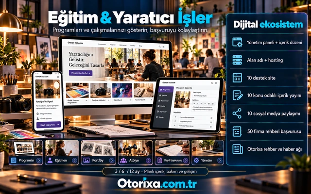 Eğitim ve yaratıcı işler web sitesi Atölye ve program sitesi, eğitmen ve portföy kartları, mobil kayıt başvurusu ve program düzenleme ekranı.