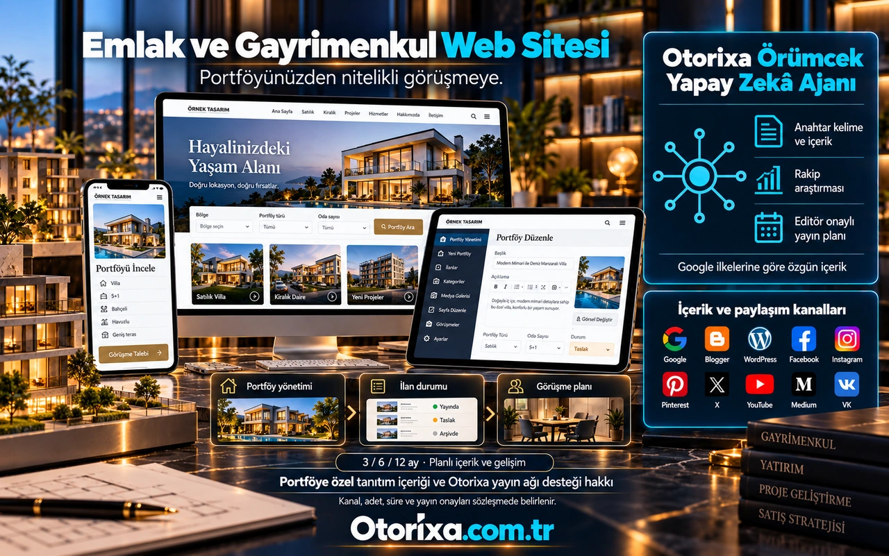 Villa ve daire portföyü, ilan durumu editörü, mobil portföy detayları ve görüşme talebi ekranı.