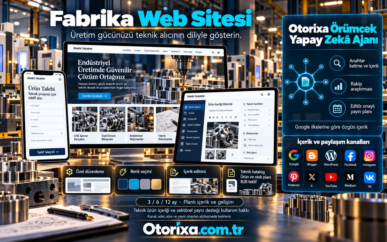 CNC üretim ve teknik ürün kataloğu, doküman ve stok planı alanlı ürün editörü ile mobil B2B teklif formu.