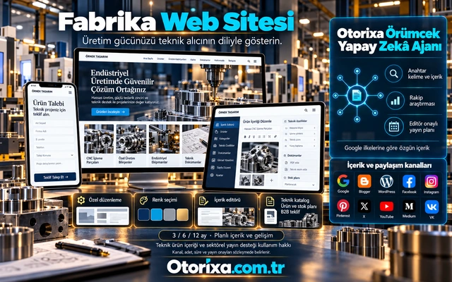 Fabrika Web Sitesi — özel tasarım ve içerik akışı CNC üretim ve teknik ürün kataloğu, doküman ve stok planı alanlı ürün editörü ile mobil B2B teklif formu.