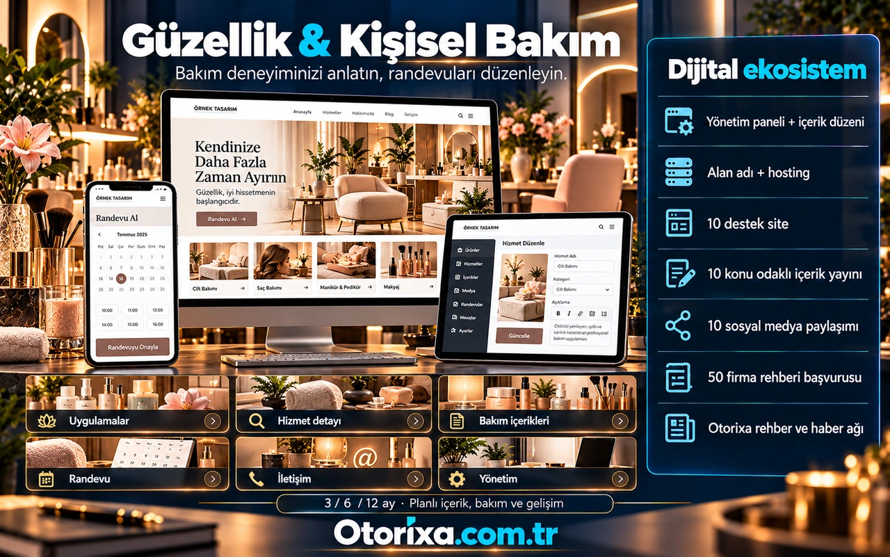 Bakım merkezi sitesi, uygulama görselleri, mobil randevu seçimi ve hizmet yönetim ekranı.
