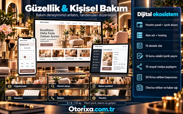 Güzellik ve kişisel bakım web sitesi Bakım merkezi sitesi, uygulama görselleri, mobil randevu seçimi ve hizmet yönetim ekranı.