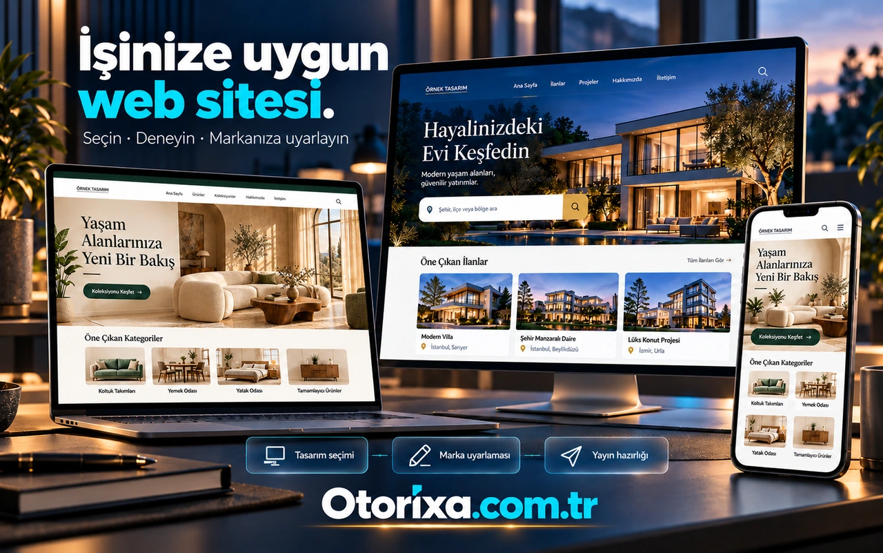 Masaüstü emlak sitesi, mobilya mağazası ve mobil görünümün tasarım seçimi, marka uyarlaması ve yayın hazırlığıyla birlikte sunumu.