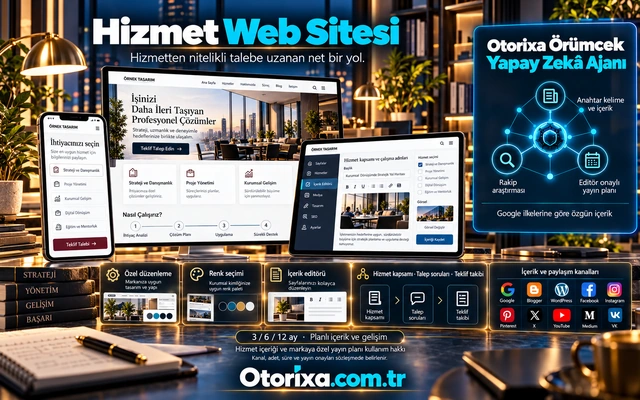 Hizmet seçimi yapan mobil form, hizmet kapsamı editörü ve masaüstü danışmanlık sitesiyle renk seçeneklerinin sunumu.