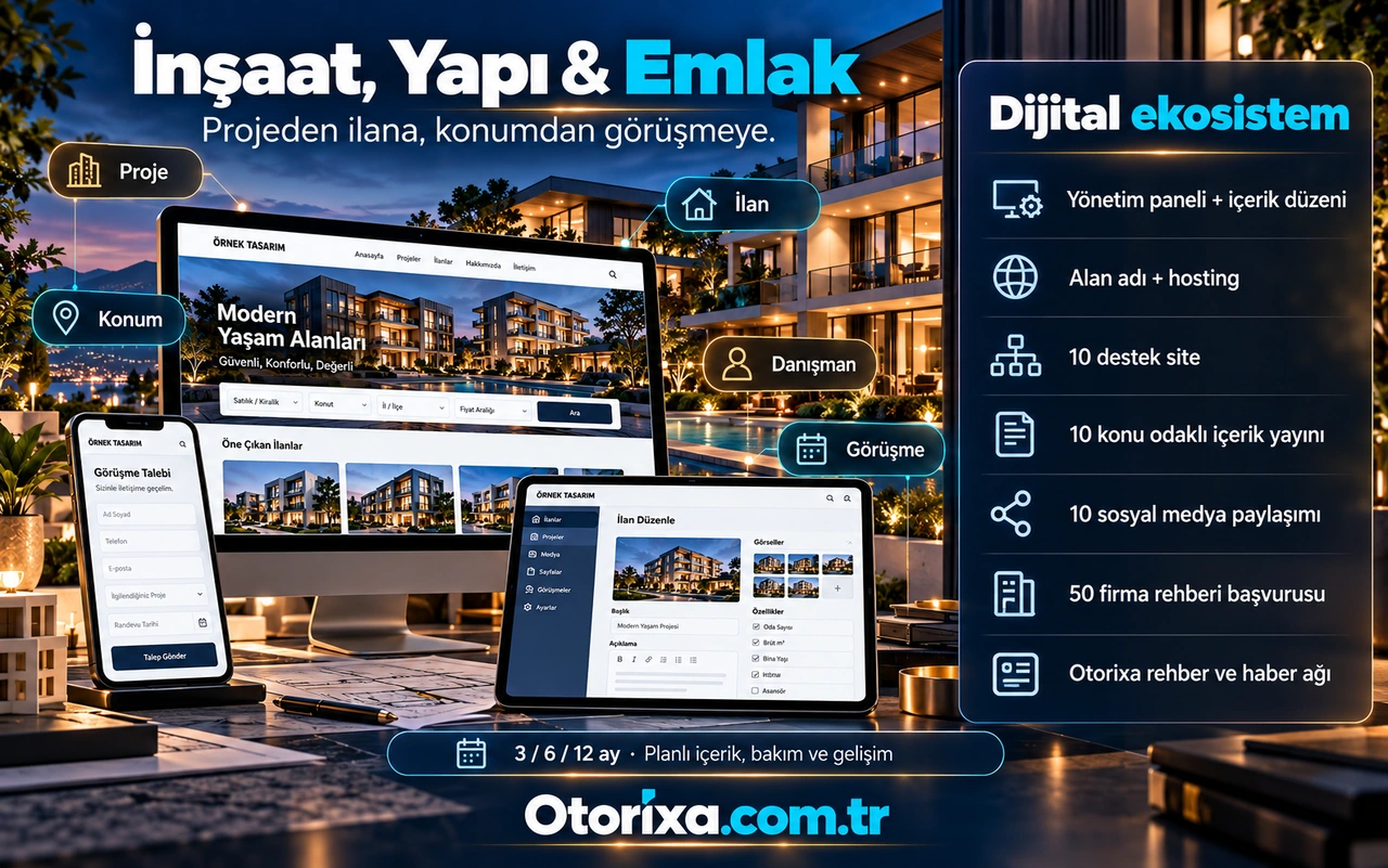 Konut projesi ve ilan arayüzü, konum ve danışman başlıkları, mobil görüşme formu ve ilan düzenleme ekranı.