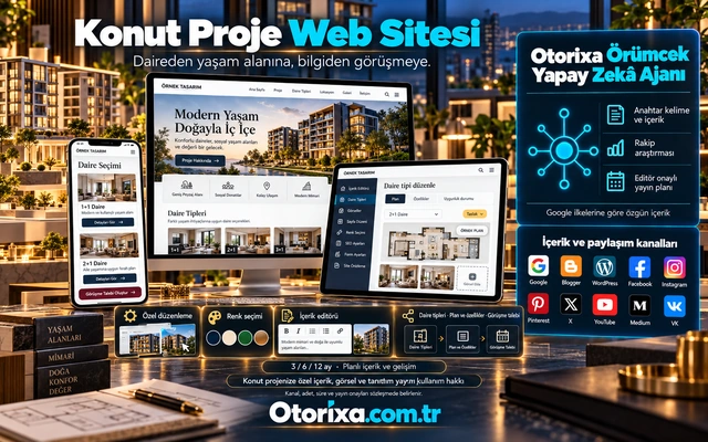 Konut Proje Web Sitesi — özel tasarım ve içerik akışı Konut projesi ve daire tipleri, örnek plan düzenleme paneli ile mobil daire seçimi ve görüşme talebi.