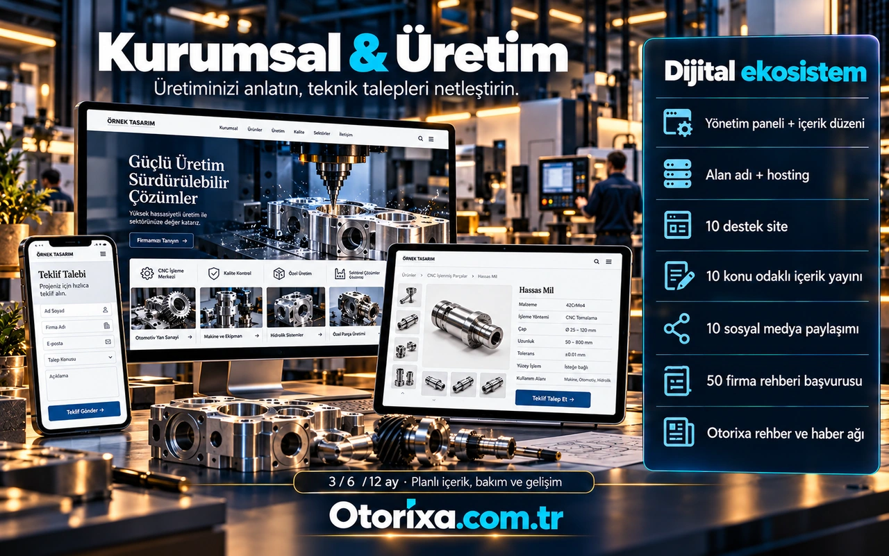 Üretim tesisi, teknik ürün kataloğu, ürün özellikleri ve mobil teklif formunun dijital hizmet kapsamıyla sunumu.