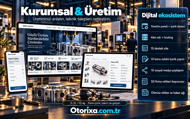 Üretim tesisi, teknik ürün kataloğu, ürün özellikleri ve mobil teklif formunun dijital hizmet kapsamıyla sunumu.