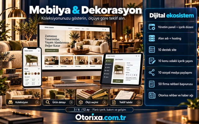 Mobilya koleksiyonu, mobil kumaş ve ölçü seçimi, ürün yönetim ekranı ve dijital yayın kapsamı.