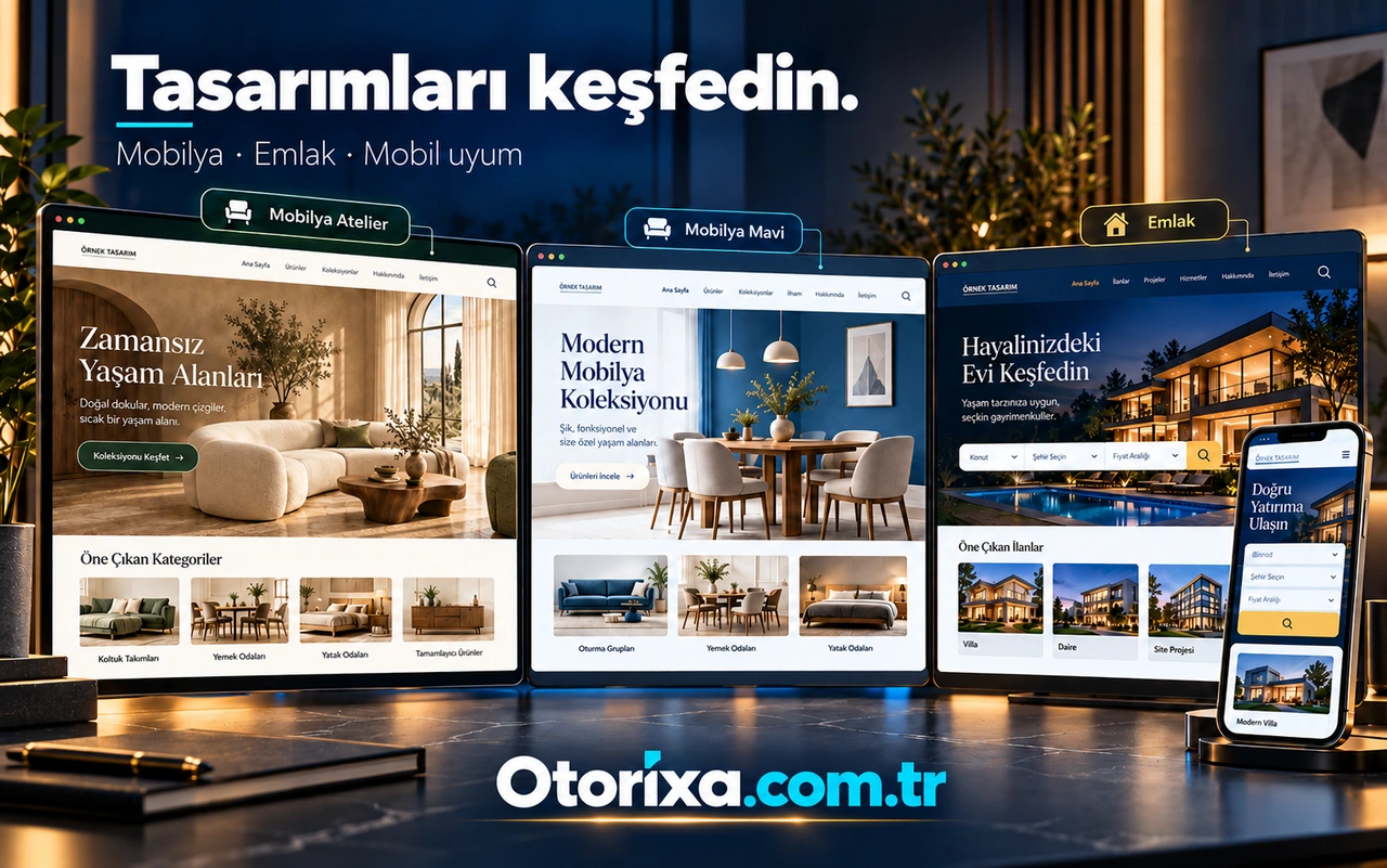 Mobilya ve emlak web sitesi tasarımları Mobilya Atelier, Mobilya Mavi ve Emlak başlıkları altında masaüstü ve mobil örnek web arayüzleri.