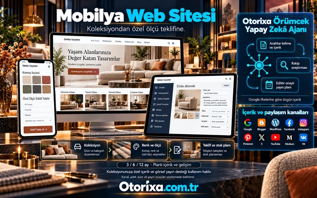 Kanepe koleksiyonu, kumaş seçenekli mobil teklif formu ve ölçü, varyant ile stok planı alanları bulunan ürün editörü.