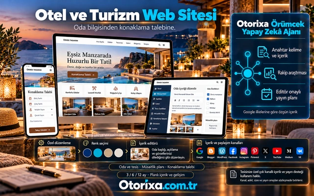 Otel ve Turizm Web Sitesi — özel tasarım ve içerik akışı Deniz kıyısındaki tesis ve oda sayfaları, oda içeriği editörü, müsaitlik planı alanı ve mobil konaklama talebi.