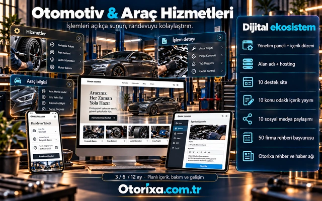 Otomotiv ve araç hizmetleri web sitesi Araç bakım sitesi, işlem ve araç bilgisi kartları, mobil randevu formu ve hizmet içeriği düzenleme ekranı.