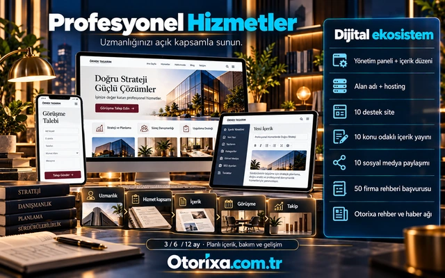 Profesyonel hizmetler ve danışmanlık web sitesi Profesyonel hizmet sitesi, mobil görüşme talebi, içerik düzenleyici ve uzmanlıktan takibe uzanan beş sunum kartı.