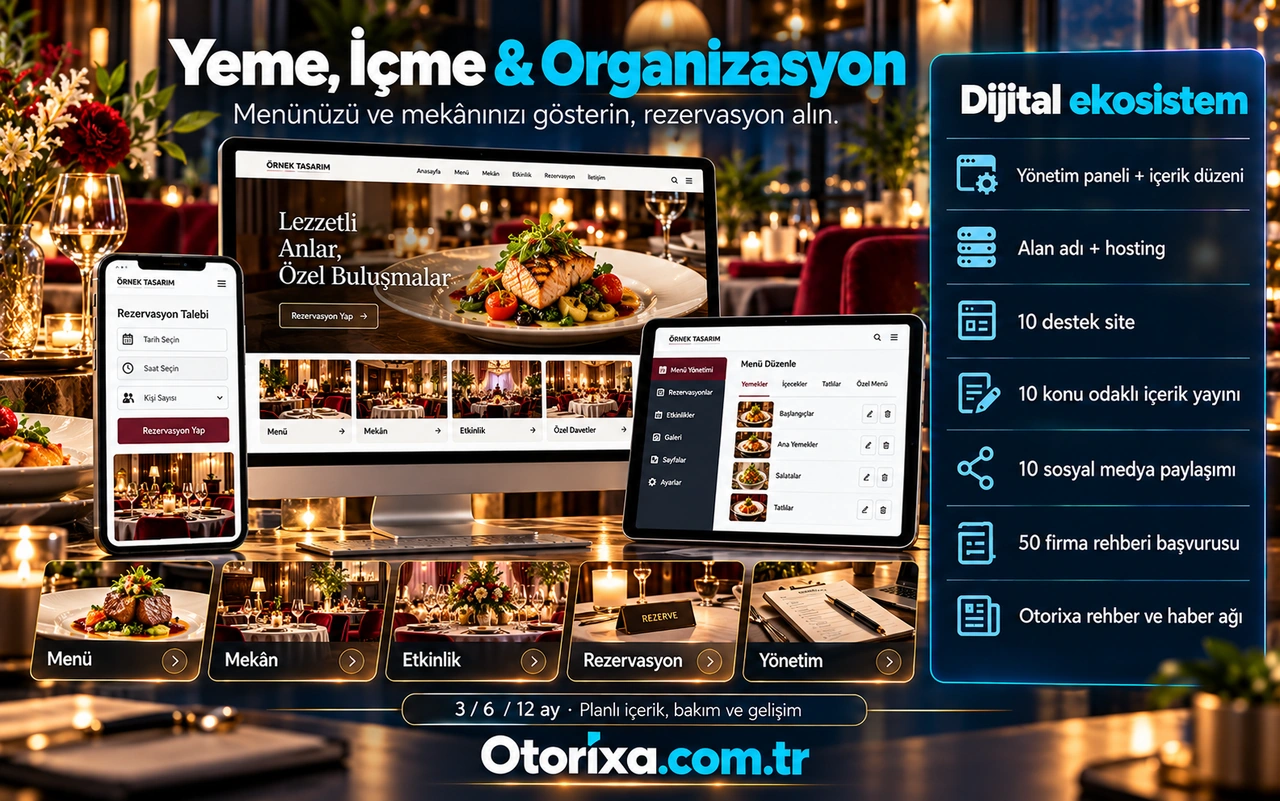 Restoran ve etkinlik sitesi, yemek ve mekân fotoğrafları, mobil rezervasyon formu ve menü yönetim ekranı.