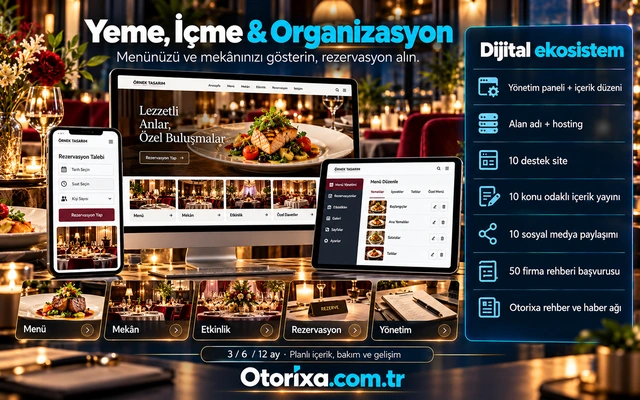 Yeme, içme ve organizasyon web sitesi Restoran ve etkinlik sitesi, yemek ve mekân fotoğrafları, mobil rezervasyon formu ve menü yönetim ekranı.