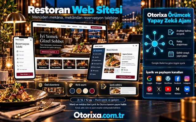 Restoran Web Sitesi — özel tasarım ve içerik akışı Restoran menüsü ve yemek fotoğrafları, içerik ve menü editörü ile tarih ve kişi sayısı seçilen mobil rezervasyon talebi.