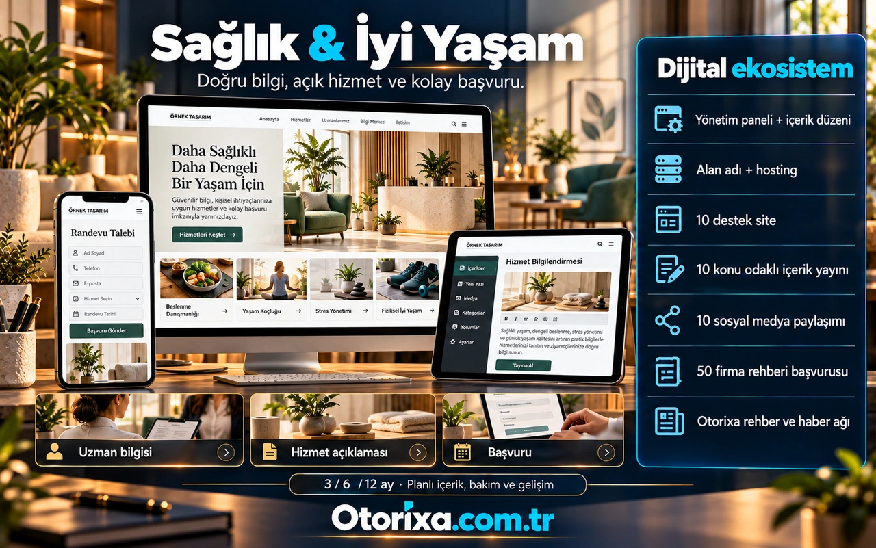Sağlık ve iyi yaşam hizmetlerinin örnek sitesi, uzman bilgisi kartı, başvuru formu ve bilgilendirme içeriği ekranı.