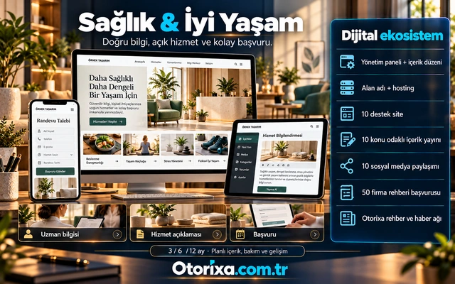 Sağlık ve iyi yaşam hizmetlerinin örnek sitesi, uzman bilgisi kartı, başvuru formu ve bilgilendirme içeriği ekranı.