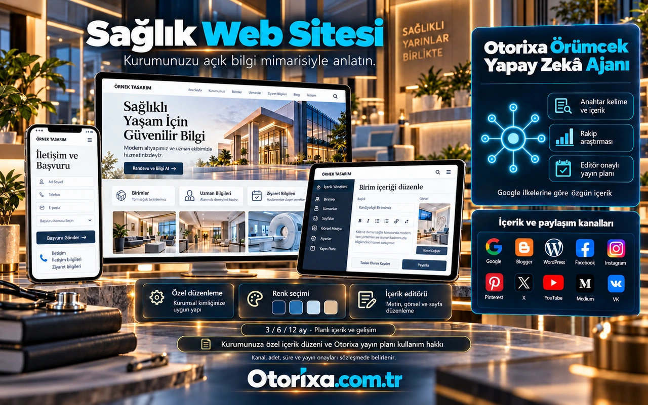 Sağlık kurumu ve birim sayfaları, içerik düzenleme paneli ve iletişim bilgileri içeren mobil başvuru tasarımı.