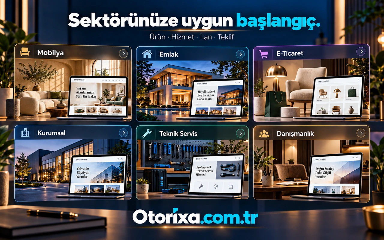 Sektörlere göre web sitesi çözümleri Mobilya, emlak, e-ticaret, kurumsal, teknik servis ve danışmanlık için fotoğraflı örnek web sitesi kartları.