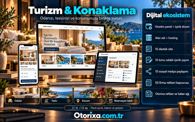 Turizm ve konaklama web sitesi Konaklama sitesi, oda ve tesis fotoğrafları, konum kartı, rezervasyon talebi ve oda düzenleme ekranı.