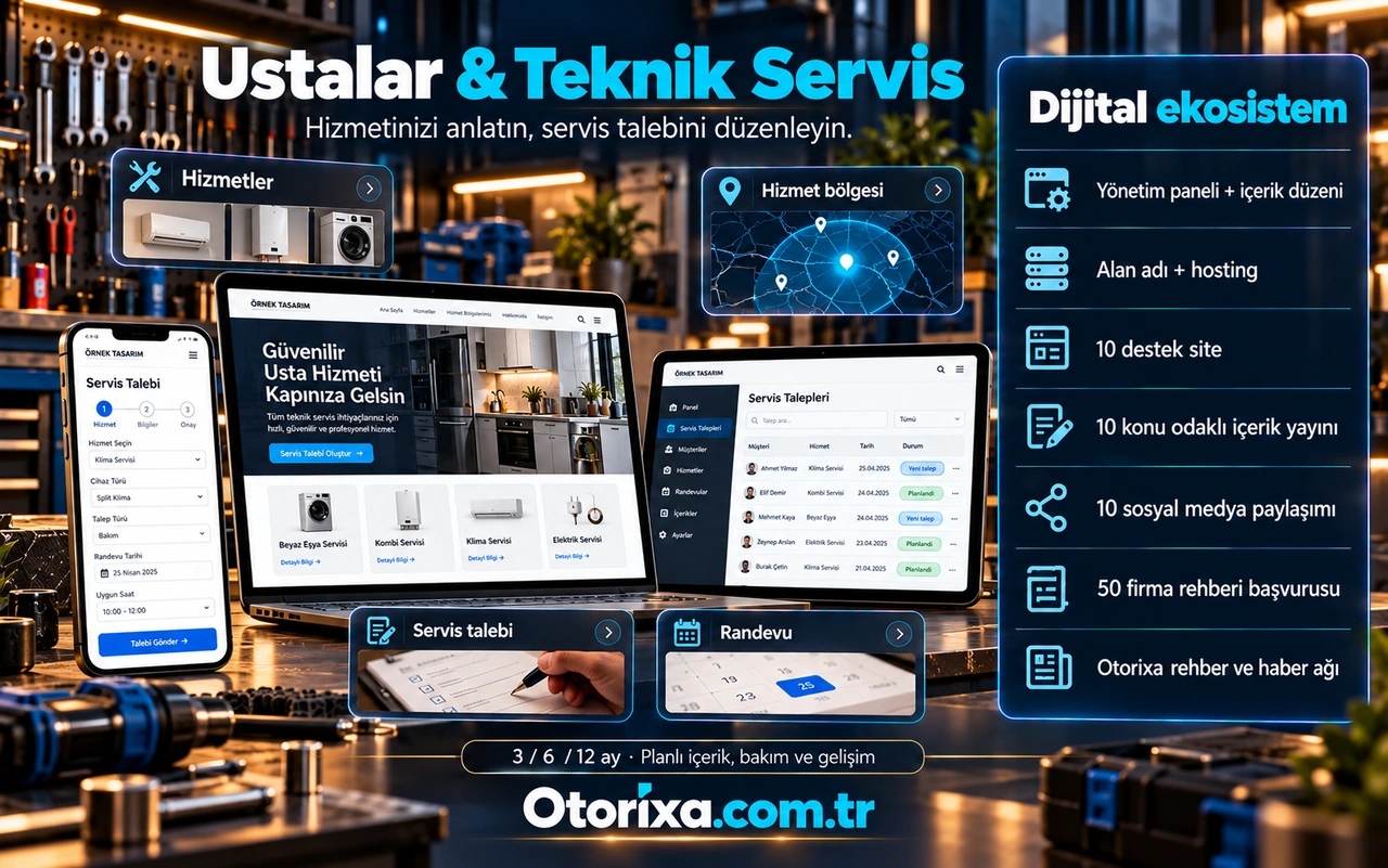 Teknik servis sitesi, hizmet bölgesi haritası, mobil servis talebi ve yönetim panelinde randevu listesi.